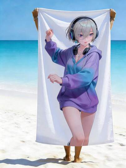 1pc Cyber Punk Anime Girl Printed Ultra-Soft Fiber Beach Towel, Available In Multiple Sizes, Lightweight Beach Blanket, Suitable For Swimming, Camping, Sports, Beach Or Gym