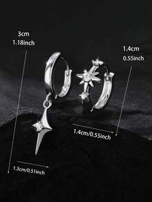 1 Pair Unique Asymmetric Star Hoop Earrings. Can Be Worn Alone Or Stacked, Minimalist Fashionable Geometric Unisex Earrings Suitable For Holidays, Parties, Travel And Daily Wear - Silver - View 3