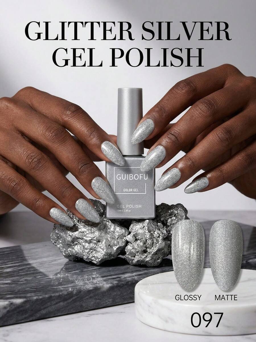 15ml Silver Glitter Gel Nail Polish, Sparkling Sequin Diamond Effect, Soak-Off UV LED Nail Gel, Color Matches Bottle, Professional Salon Quality, Long-Lasting, Christmas New Year Party DIY Home Nail Art Supplies, Glossy Nail Polish