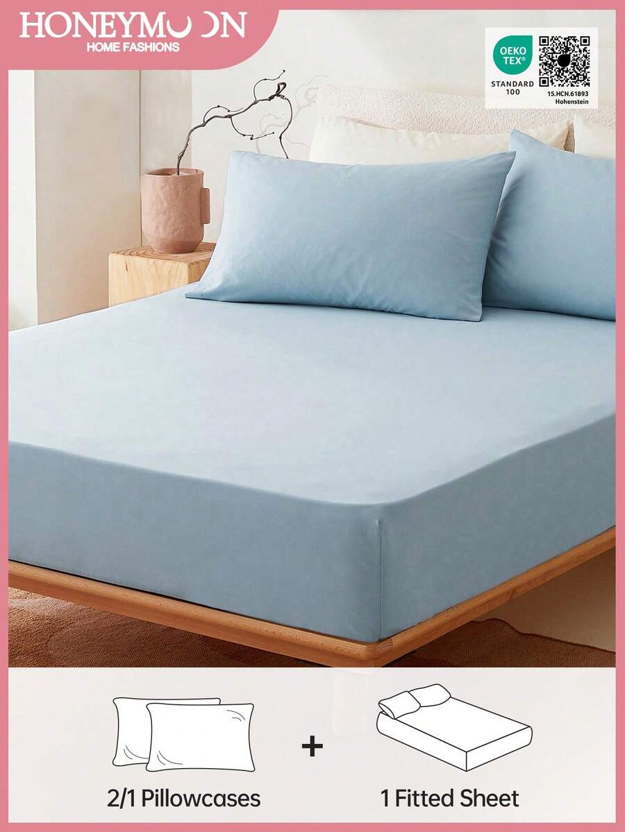 2/3pcs Solid Color Fitted Sheet, Mattress Protector, Mattress Cover, Deep Pocket Fitted Sheet, Soft & Breathable, Fits Twin, Full, Queen, King Size Beds - 14 Inch/35cm Deep Pocket, Machine Washable, Oeko-Tex Certified - Blue - View 1