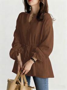 女士V领小丑腰带衬衫，女士新款复古休闲宽松长袖系带衬衫（春季款） - 咖啡棕 - 查看 4