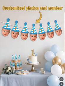 7/14/21pc Custom Photo & Number Birthday Hat Banner – Personalized Blue Striped Party Hat Garland With Face Photo | First Birthday, Back To School - Multicolor - View 2