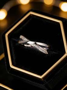 925纯银双层交叉镶钻戒指，奢华小众设计，精致百搭女士开口戒指 - 白色 - 查看 6