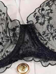 2 peças/Conjunto Lingerie Sexy Sutiã de Renda e Camisola Feminina, Conjunto de Sutiã Transparente com Alças Ajustáveis para Festa de Feriado - Preto - Visão 8