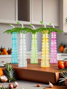 1/3/5pcs Tropical Palm Tree Plastic Water Bottle With Straw And Lid, 17oz Oval, Hand Wash, Perfect For Martini Cocktails, Cold Drinks, Iced Drinks And Hawaiian Party Supplies, 5 Colors - A - View 8