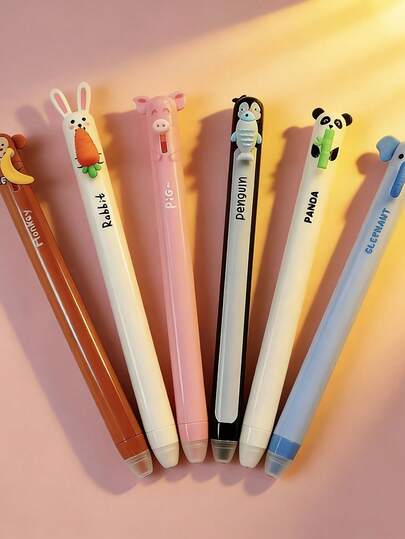 6支可爱动物美食主题侧按式可擦凝胶笔，0.7mm蓝色笔芯，书写流畅，易于擦除，非常适合家庭作业、笔记和学生使用。