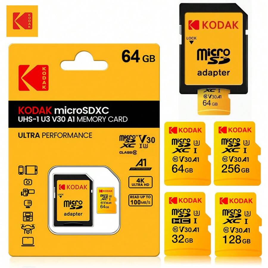 Kodak 柯达 Micro SD 卡存储卡带适配器 32GB 64GB 128GB 256GB MicroSD C10 A1 TF 闪存卡