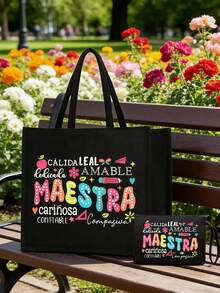 Teacher's Day Gift Set, Including Letter Pattern Linen Tote Bag, Cosmetic Bag, Coin Purse, Foldable Shopping Bag, Lightweight And Convenient - Multicolor - View 2