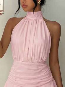 Elegant Pink Spaghetti Strap Backless Ruched Mini Dress With Layered Ruffle Hem - Suitable For Summer Parties, Beach Vacations, Casual Outings, Holidays And Graduation Ceremonies Party - Pink - View 4