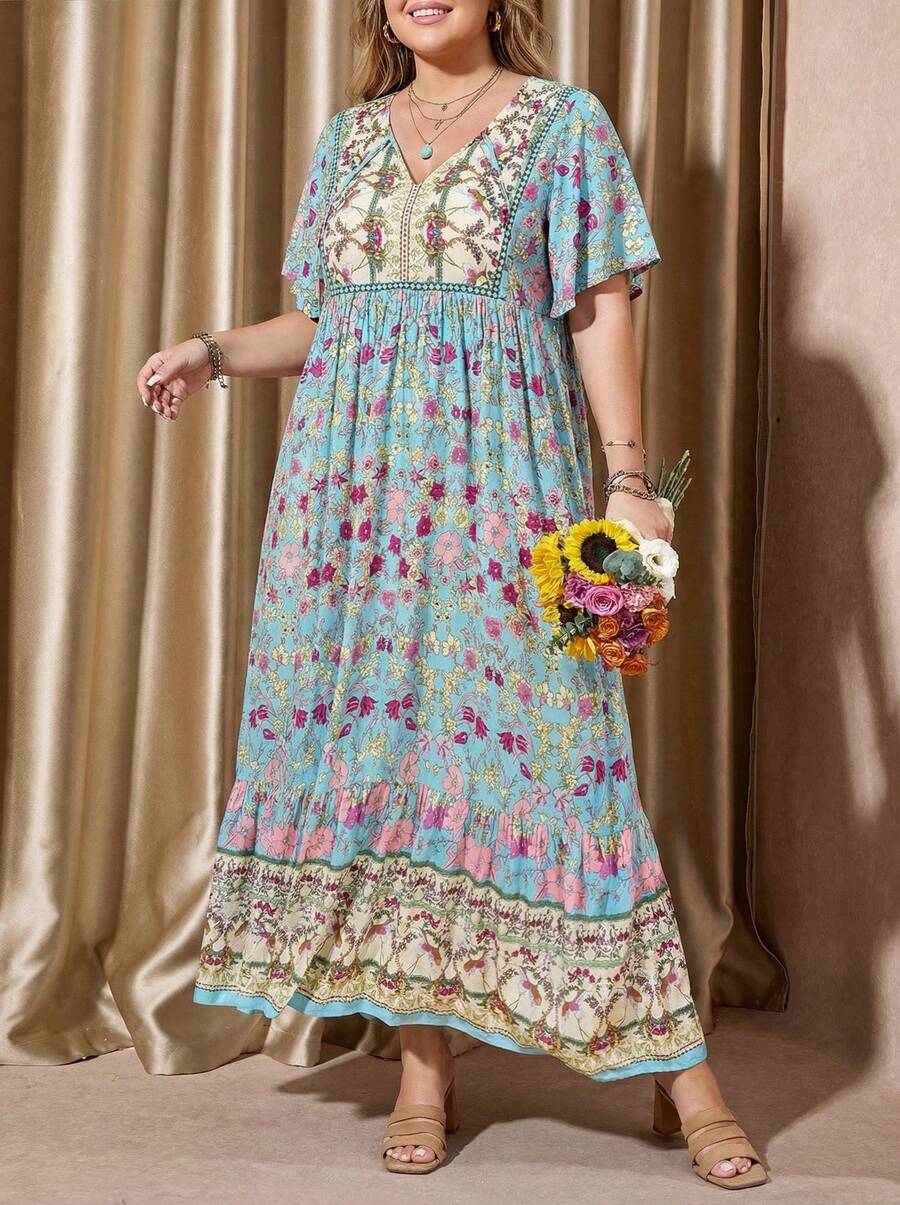 Voworia Bohemian Women Plus Size Floral V-Neck Loose Dress Beach Holiday Summer Party Wedding Season Music Festival Vacation Elegant - Blue - View 1