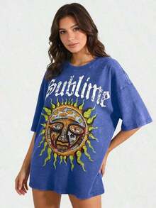 Unisex Sublime Band Sun Face Skull Print Graphic T-Shirt, Vintage Washed 100% Cotton Oversized Crew Neck Short Sleeve Tee, Retro 90s Rock Band Loose Fit Casual Shirt, Soft Breathable Streetwear Top For Men Women, Y2K Summer Vacation Daily Outfit,Holiday & Office Women T-Shirts,Comfortable - 藍色 01 - 查看 2