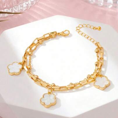 1件锌合金创意双层串珠流苏四叶草脚链，沙滩度假风吸睛脚饰，情人节送女友礼物，生日送闺蜜礼物