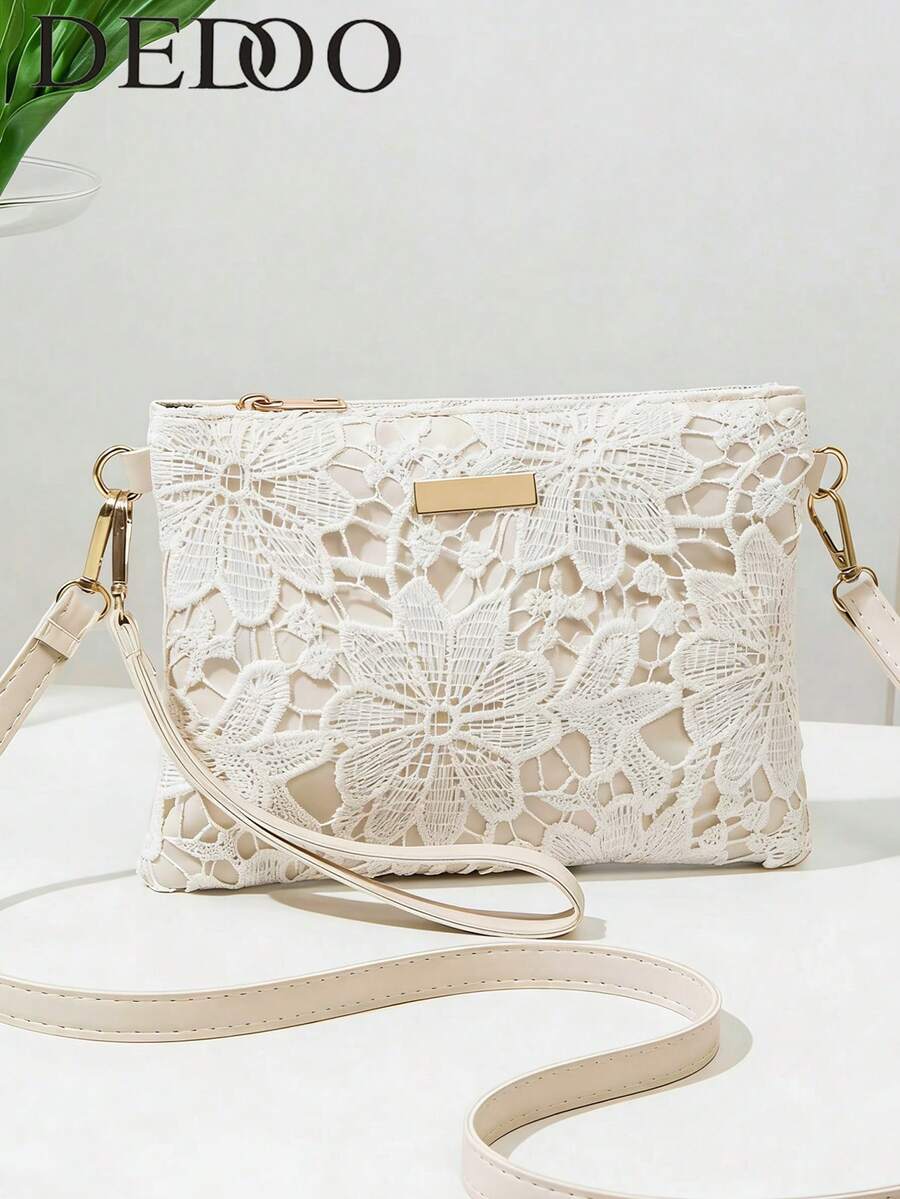 Fashionable Three-Dimensional Lace Floral Design Gentle Small Square Bag, PU Stitched Envelope-Style Square Crossbody Bag, Sweet Style Practical Light Luxury Clutch Bag For Spring And Summer, Suitable For Daily Dating, Commuting And Vacation - Apricot - View 1