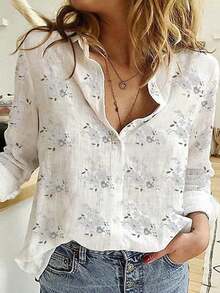Women's Elegant Floral Print Lapel Button-Up Shirt, Casual Chic Blouse, Fashionable Women's Long Sleeve Shirt For Spring & Autumn Vacation White - White - View 11
