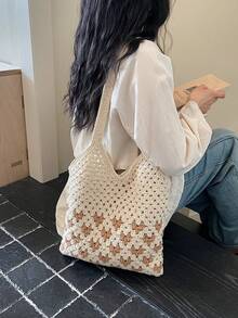 Hollow Woven Heart Crochet Lining Ins Style Shoulder Bag, Minimalist Cotton Crochet Tote Bag Suitable For Commuting, Daily Use, Student, Beach, Vacation - Beige - View 7