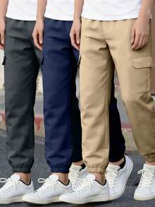 3pcs Tween Boys Casual Minimalist Faux Pocket Outdoor Sports Drawstring Cargo Pants - Multicolor - View 9
