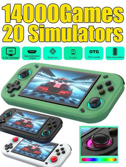 Máy chơi game cầm tay hoàn toàn mới, màn hình lớn 4.3 inch, cài sẵn 14.000 trò chơi, 20 trình giả lập PSP/NDS/GBA/PS1 cổ điển, hỗ trợ xuất hình ảnh HD lên TV, hệ thống mã nguồn mở, thiết bị chơi game di động với hai cần điều khiển và hiệu ứng ánh sáng, phong cách arcade cổ điển, món quà hoàn hảo cho anh em trai vào các dịp lễ hoặc sinh nhật.