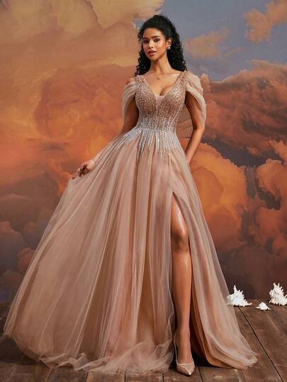  VIPGIRL Long Sequin Elegant Mesh Women's Evening Gown, High Slit Champagne Color Formal Dress