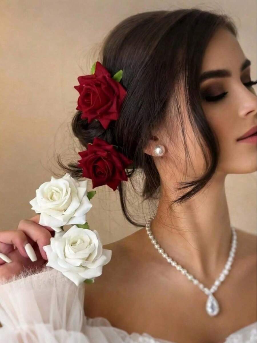 1pc Summer Floral Side Ear Clip, Rose Flower Decor - Bohemian Style Luxurious Retro Headpiece, Sensual - Beach Holiday Photo Prop Elegant Accessory - Suitable For Pairing With Various Fashionable Hairstyles,Travel, Claw Clips,Hair Clip,Party - Red - View 1