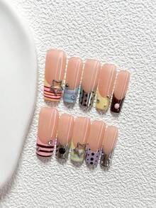 10Pcs Sweet And Edgy Girl Style Handmade Nail Art Set,Unghie Press On, Hollow Out Star Nail Art Accessories,Lines, Polka Dots Nail Art Decorations,Red, Pink, Yellow, Blue And Purple Nail Polish,Refined Style,Comes With Nail Tools(1 Sheets Jelly Stickers+1PC Nail File)3 Sizes Available,Almond Nails, Duck Nails,Coffin Nails,Suitable For Reunion,Daily,Party,Photograph,Play,Spring Summer,Commute Supplies Nails - 彩色 - 查看 18