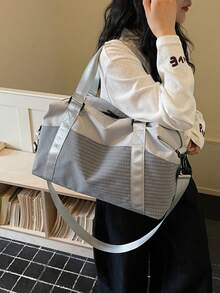 New Fashionable Travel Bag With Jacquard Pattern, Minimalist Niche Design, Stylish And Popular, Suitable For Short Trips, Fitness, With Spliced Color Blocks, Large Capacity, Versatile - Beige - View 8