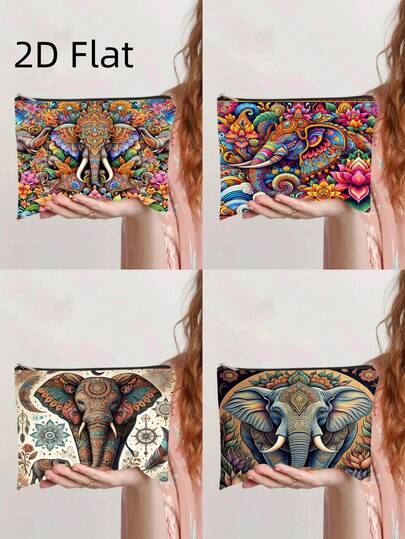 1 chiếc túi nhỏ có khóa kéo kiểu Mandala Bohemian in hình voi, họa tiết voi nhiều màu sắc, túi đựng mỹ phẩm di động / hộp đựng văn phòng phẩm cho học sinh / túi đựng đồ nhỏ mang ý nghĩa may mắn.