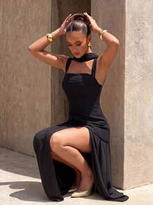 UNITHORSE Vestido de novia plisado con cremallera asimétrica/asimétrica de unicolor y elegante - Negro - Ver 2