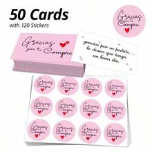 50张感谢卡，配120张感谢贴纸，西班牙语“Gracias Por Tu Compra”字样，尺寸9x5.4厘米/3.5x2.1英寸，适用于网店、个人店铺、手工制品店、肥皂店、社区商店、工艺品零售店、趣味商店，通用标签 - 50PCS卡片+120PCS貼紙套裝 - 查看 5