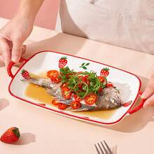 Bộ 1/2 đĩa sứ 12 inch, đĩa hình cá họa tiết dâu tây dễ thương, phụ kiện nhà bếp, đĩa hấp lớn, đĩa sushi, đĩa mì Ý, dùng được trong lò vi sóng, lò nướng và máy rửa chén, thích hợp cho gia đình, nhà hàng, tiệc tùng, quà tặng Ngày của Mẹ, quà Phục Sinh. - Xem 9