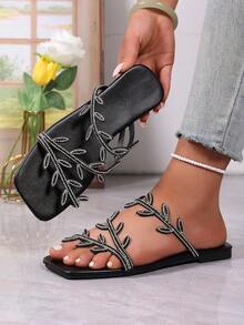 Women's Flat Sandals With Leaf-Shaped Rhinestone Strap Decor, Square Toe Slip-On Design, Suitable For Outdoor, Vacation And Casual Occasions - Black - View 6