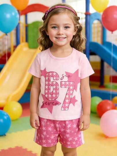 少女时尚彩色星星和数字67印花休闲套装，适合夏季日常外出、居家和度假穿着。