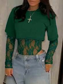 Body entero de encaje transparente para mujer, manga larga tul estampado floral, estilo sensual elegante, ideal para uso diario, citas, fiestas y espectáculos primavera verano - Verde - Ver 5