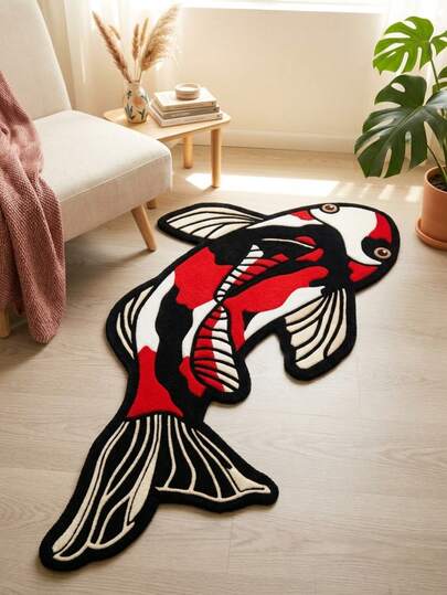 1pc Tricolor Koi Fish Design Thickened Carpet, Plush Rug, Thick Rug, Suitable For Autumn/Winter, Decorative Rug For Bedroom, Living Room, Home Decor, Washable