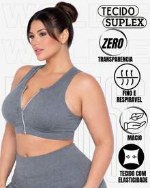 WOLFOC Women's Plus Size Cropped Fitness Top With Zipper And Removable Pads In Suplex Polyester - Grey - View 2