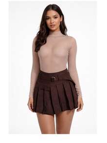 Women's Tailored Pleated Shorts/Skirt With Belt - Casual, Versatile, And - Rỉ Nâu - Xem 3