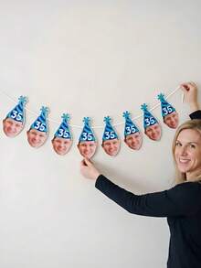 7/14/21pc Custom Photo & Number Birthday Hat Banner – Personalized Blue Striped Party Hat Garland With Face Photo | First Birthday, Back To School - Multicolor - View 9