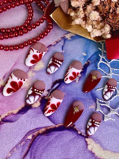 10片情人节闪亮美甲贴纸，女士手工亚克力假指甲，红色花卉图案，法式美甲设计，金色十字星装饰，光泽亮丽的长杏仁形，可重复使用，适合婚礼、周年纪念、约会、派对和日常佩戴，美甲沙龙用品，美甲饰品，美甲凝胶，装饰性假指甲