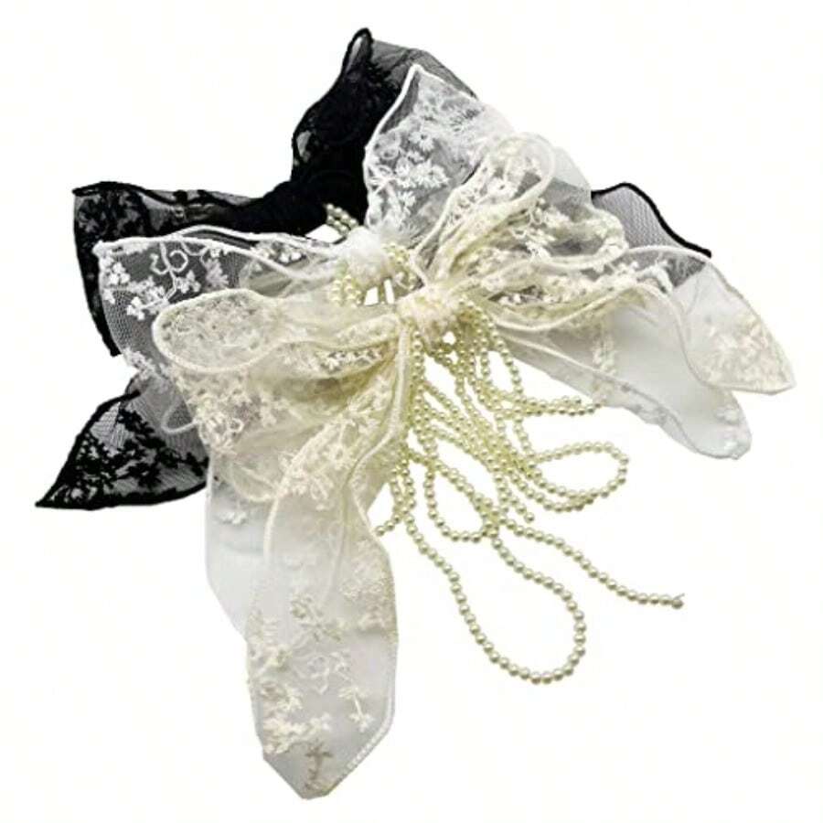 3 Pieces Lace Bow Pearl Chain Hair Clips Flower Embroidery Non Slip Hair Bow Barrettes For Women And Girls White Beige Black - 白色 - 查看 1