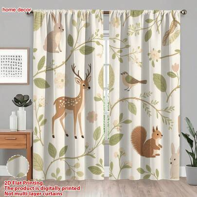 2 Pcs Off-White Deer Rabbit Curtains, Soft Healing Style Polyester Window Treatments For Living Room Kids Room Spring Decoration