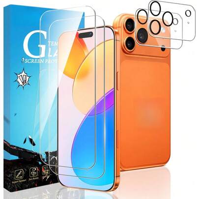 适用于 17 Pro Max 的 2 片装钢化玻璃屏幕保护膜，包含 2 片摄像头镜头保护膜，防刮花，无气泡，兼容手机壳