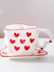 1 Juego de taza y platillo de cerámica con forma de corazón, taza linda para café/leche, vajilla para decoración de cocina - Rojo - Ver 7