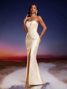 Elisanya Anymoon Luxury Sequin Lace Strapless Side Slit Mermaid Formal Dress Party Yellow - Yellow - View 6