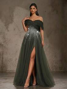 Vestido largo con escote strapless y mangas tipo capa de tela tejida elegante, adecuado para ocasiones de noche - Verde - Ver 1