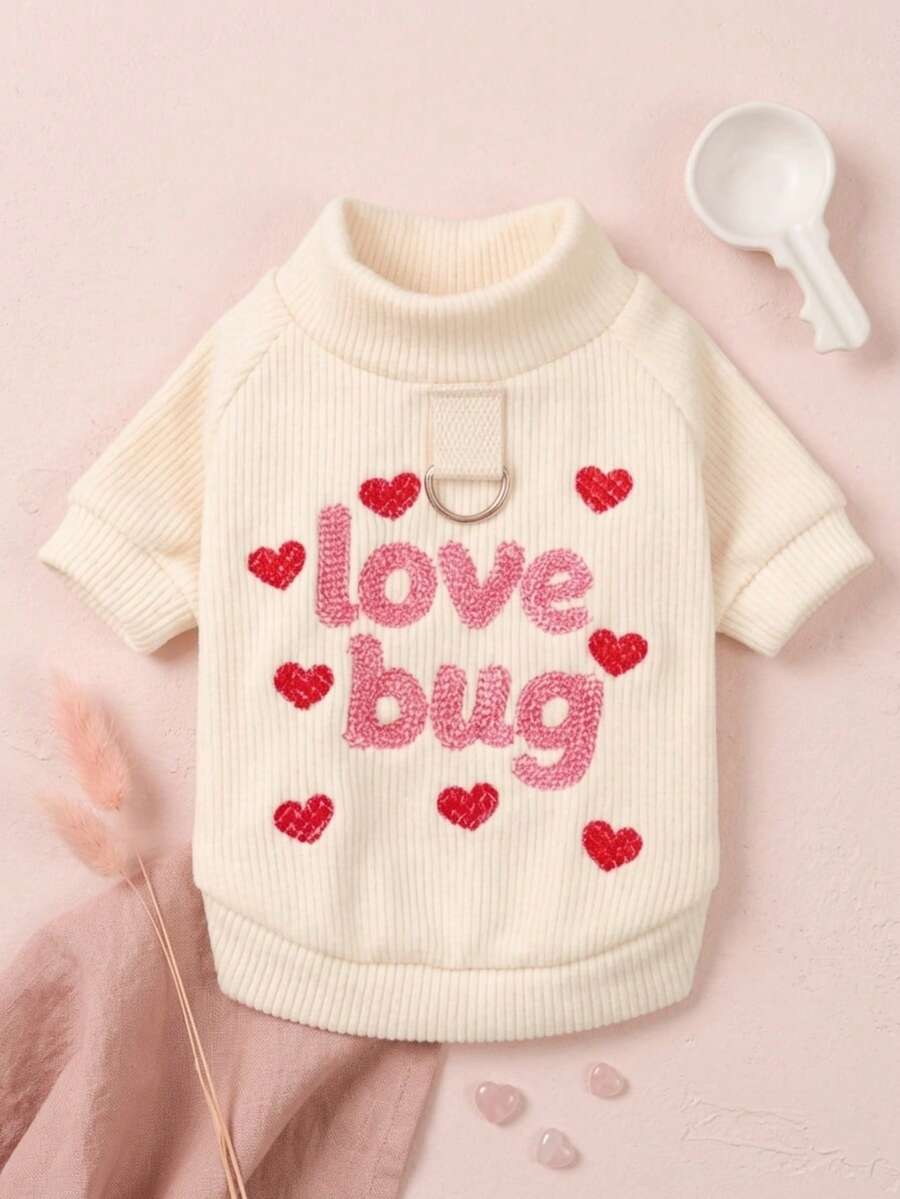 PETSIN 一件猫狗图案刺绣字母服装。宠物情人节套头衫，舒适的春季装扮。 - 白色 - 查看 1