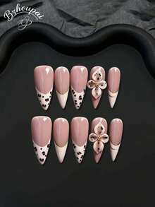 10pcs/1set Handmade Press On Nails For Women, 3D Acrylic Long Stiletto Fake Nails, Hand Painted Leopard Print & 3D Flower Design With Gold French Line, Luxury Reusable Artificial Manicure Nails For Bridal And Casual Wear - Nhiều màu - Xem 1