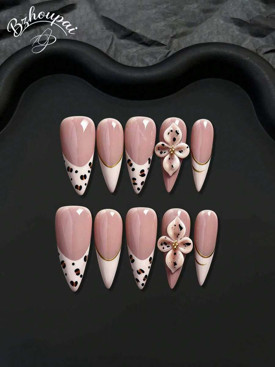 10pcs/1set Handmade Press On Nails For Women, 3D Acrylic Long Stiletto Fake Nails, Hand Painted Leopard Print & 3D Flower Design With Gold French Line, Luxury Reusable Artificial Manicure Nails For Bridal And Casual Wear - Nhiều màu - Xem 1