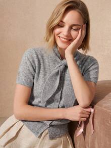 女士纯色圆领短袖针织上衣，系领单排扣百搭针织衫，优雅春夏装扮 - 灰色 - 查看 4