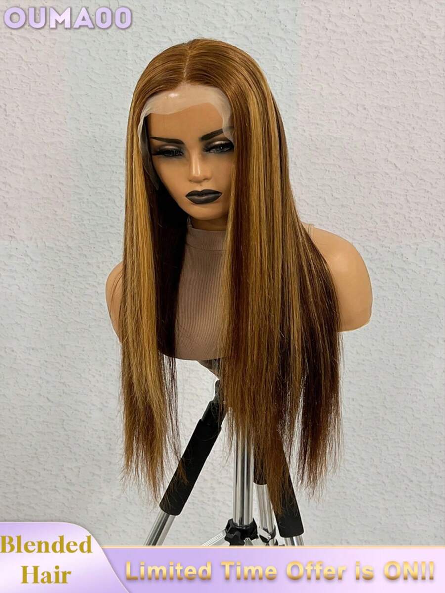 直发高清透明蕾丝前假发，真人混纺发丝，13x4，无需胶水，巴西原生发际线，200%密度，预先拔毛，带婴儿绒毛，黑色