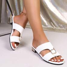 Women's Crocodile Embossed Mule Slippers With Rhinestone Buckle, Low Heel, Patent Leather, Summer - White - View 15