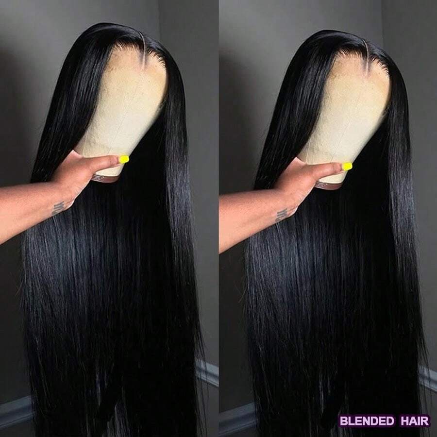 Peluca de cabello virgen brasileño 100% de 28 pulgadas, 13x4, cabello liso de alta definición, densidad del 200%, sin pegamento, 13x4 de oreja a oreja, cabello largo con encaje frontal, línea del cabello natural pre-recortada para uso diario - Natural y Negro - Ver 1